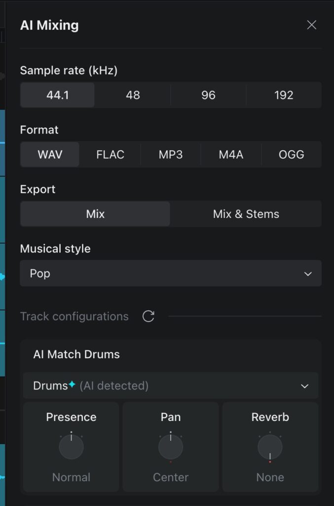 Moises AI Studio displays AI mixing options for audio formats and musical styles.
