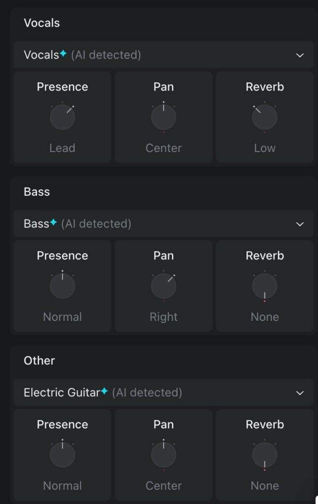 Moises AI Studio displays AI mixing controls for vocals and instruments.
