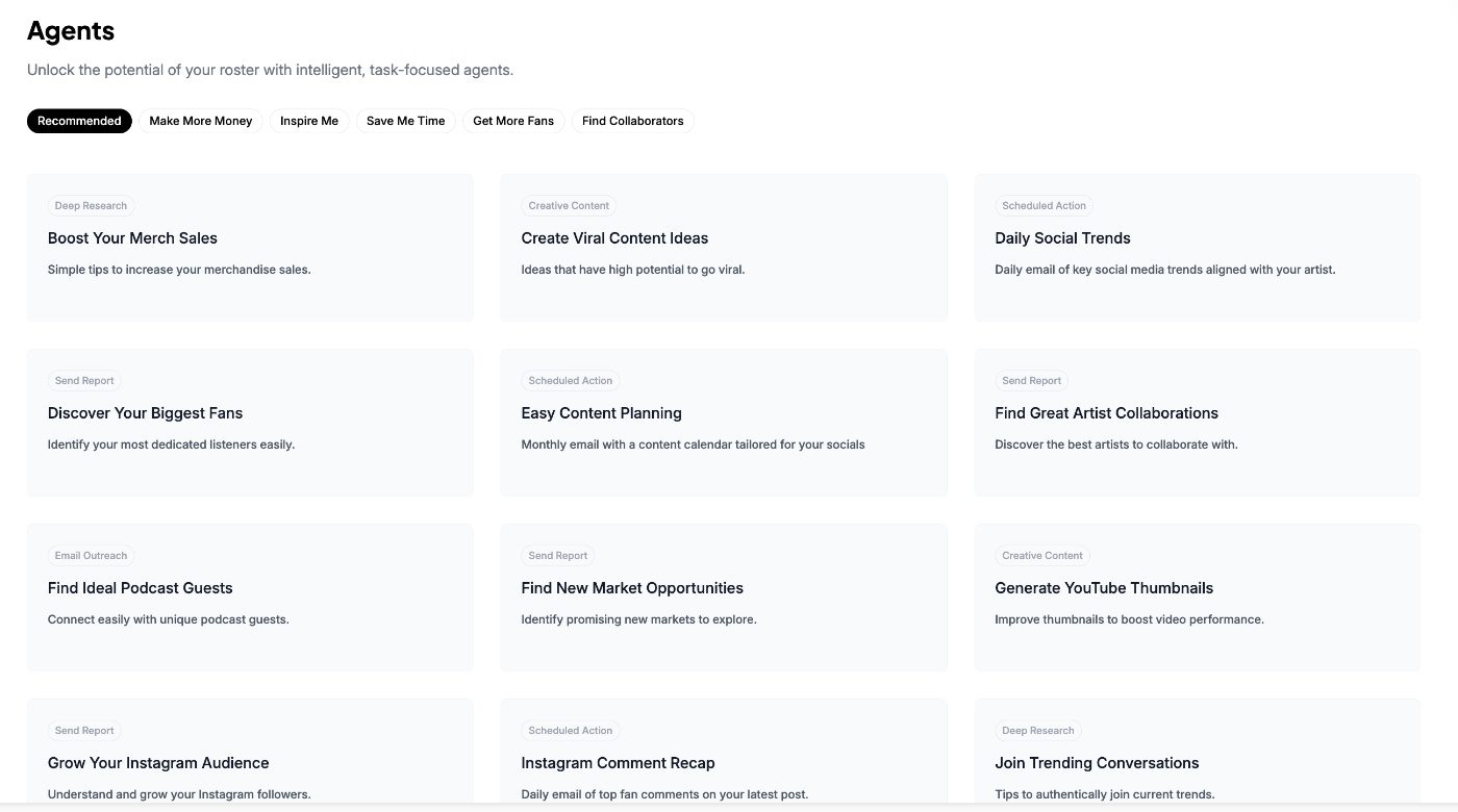 Recoupable offers various AI agents for content planning, market opportunities, and social media engagement.