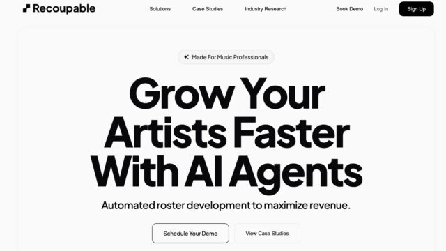 Recoupable offers AI agents for music professionals to grow artists faster, emphasizing revenue maximization.