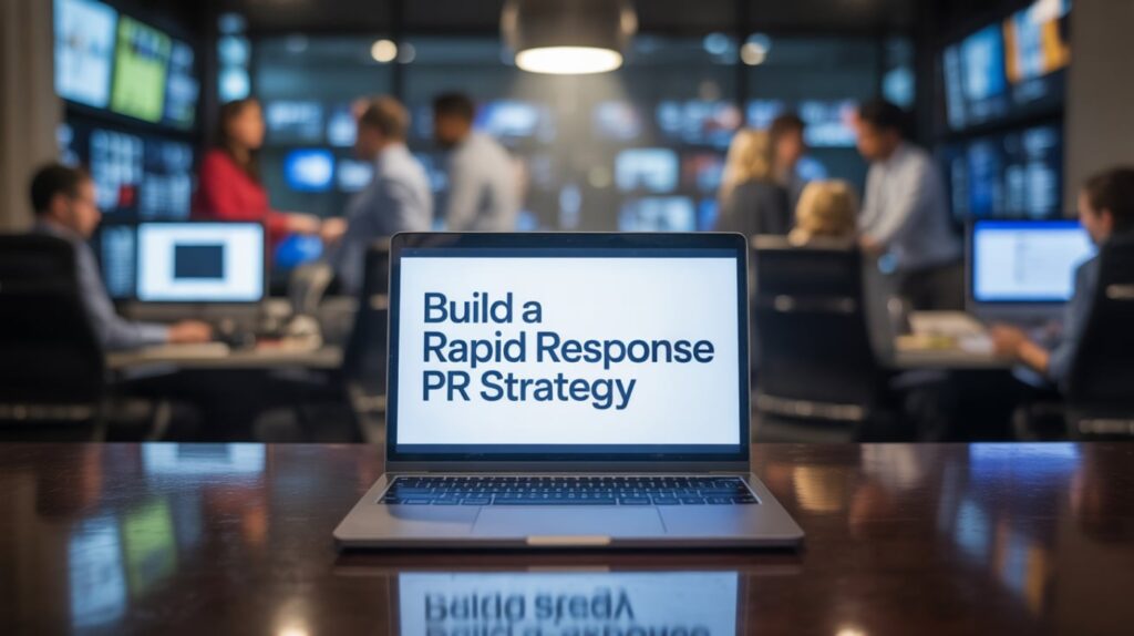 Laptop displaying "Build a Rapid Response PR Strategy" in a busy meeting room with professionals.