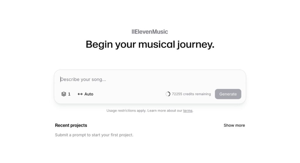 ElevenMusic platform prompts users to describe their song to generate music. 