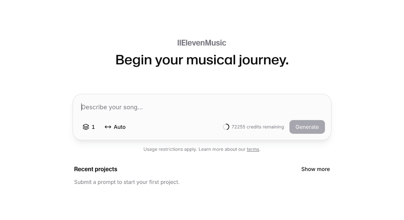 ElevenMusic platform prompts users to describe their song to generate music.