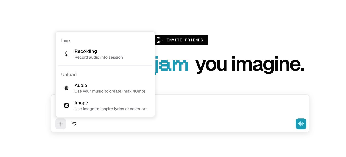 Choose audio or image options in the song generator of Producer.ai interface for producers. Invite friends to jam.