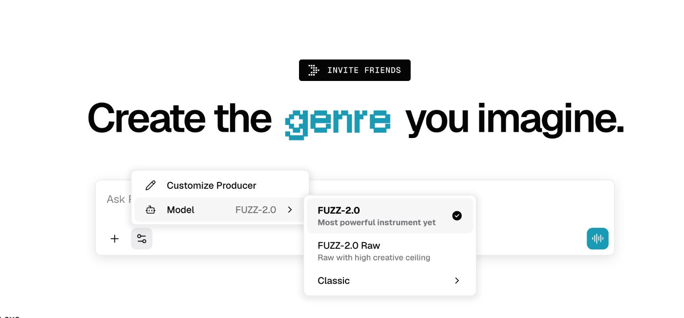 Choose Producer model with FUZZ-2.0 song generator; features classic and creative options.