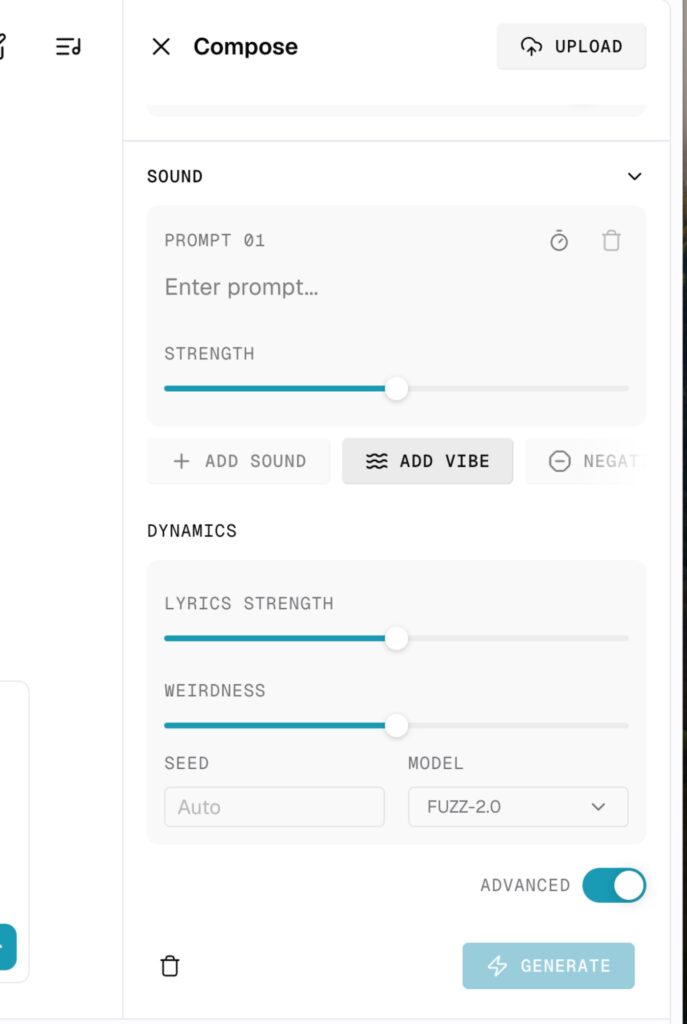 Compose tool interface of producer.ai displaying advanced options for song generation, including sound and dynamics settings.