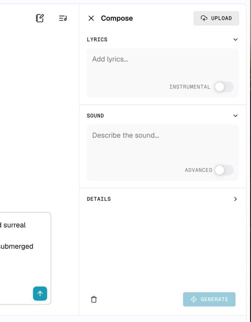 Interface for the producer.ai AI song generator with sections for lyrics, sound description, and a compose option.