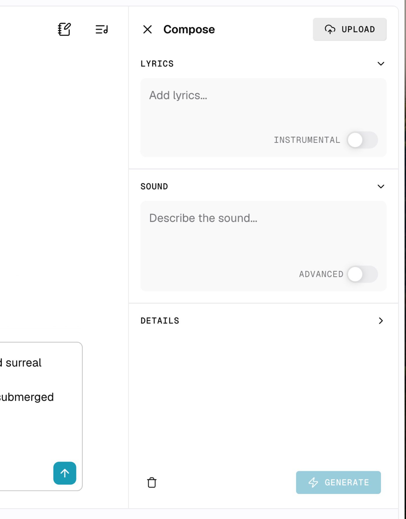 Interface for the producer.ai AI song generator with sections for lyrics, sound description, and a compose option.