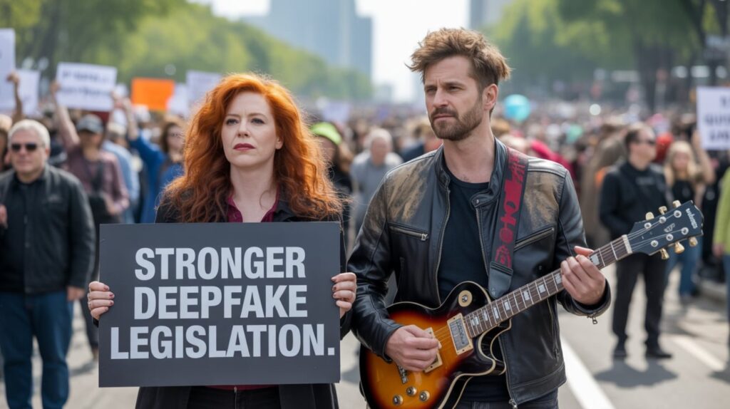 Protesters holding a sign for "Stronger Deepfake Legislation" with a musician playing guitar nearby.