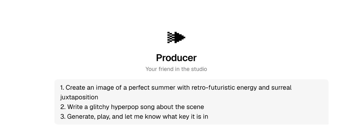 Producer interface displaying prompts for generating summer-themed songs and images.