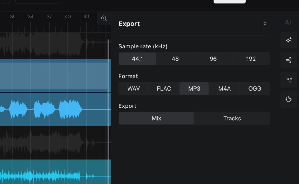 Moises AI studio displays export settings for audio tracks, including sample rate and format in 2025.