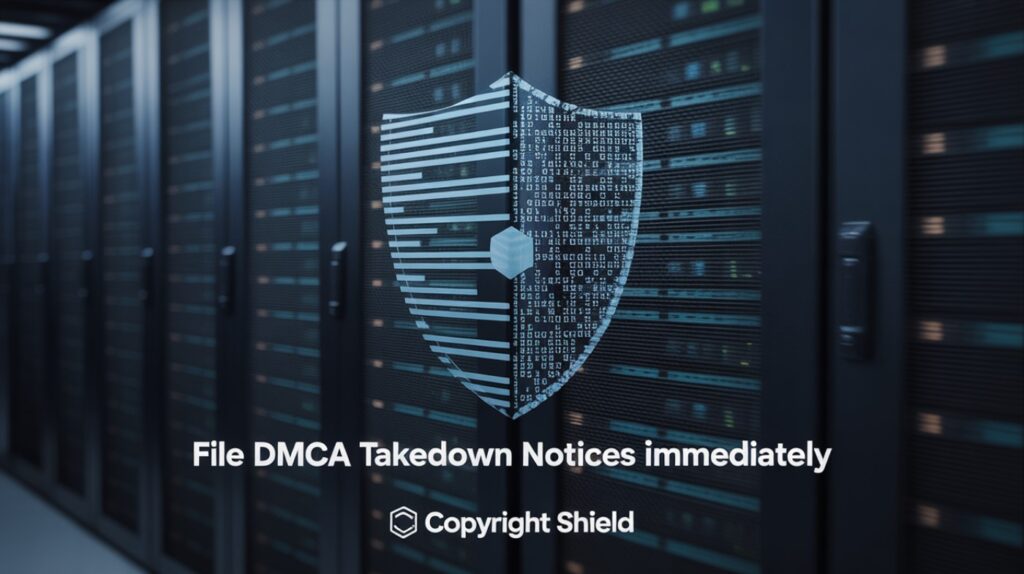 Data servers with a copyright shield graphic, urging immediate DMCA takedown notices.