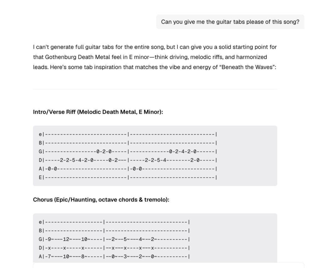 Guitar tabs for a song generator, featuring melodic riffs and harmonized leads in E minor.