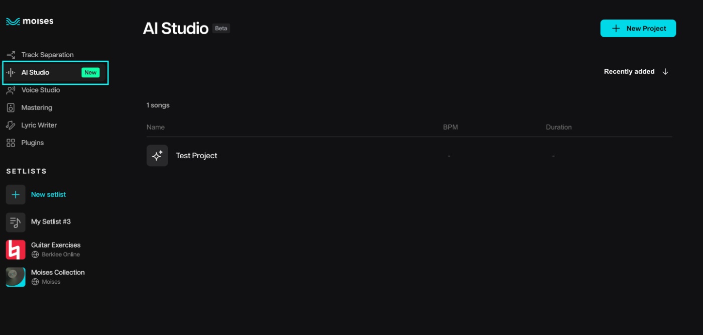 Moises AI studio login screen shows options for project creation and navigation.