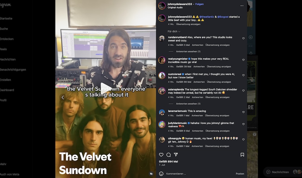 Musician Johnny Delaware discusses "the Velvet Sundown" in an Instagram post.