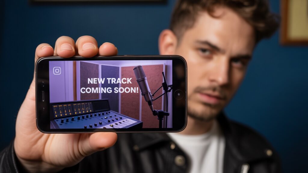 Artist sharing behind-the-scenes content on Instagram about his new track coming soon.

