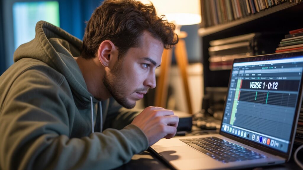Young producer focused on DAW music software screen with "VERSE 1" displayed, in a cozy recording space.