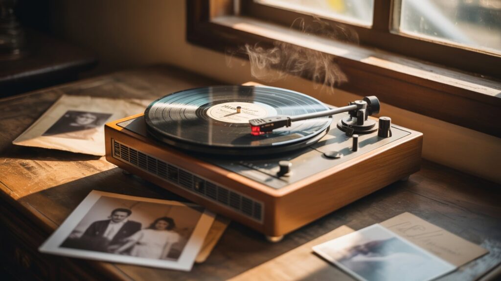 Vinyl record player spinning a record, with smoke rising and old photographs on a wooden table.