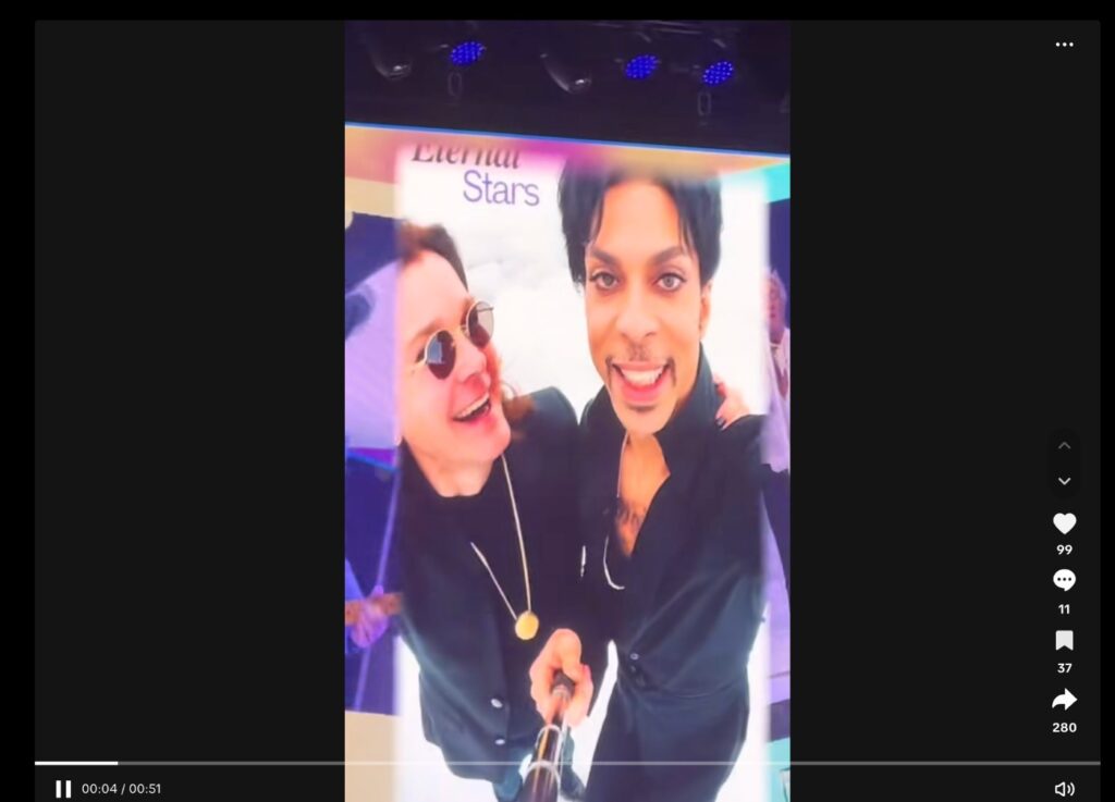 Prince and Ozzy Osbourne taking a selfie on stage at a Rod Stewart concert.