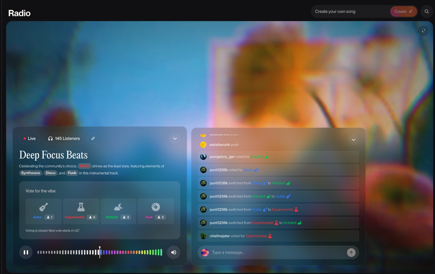 Suno Radio streams live AI music, featuring "Deep Focus Beats" with voting options.