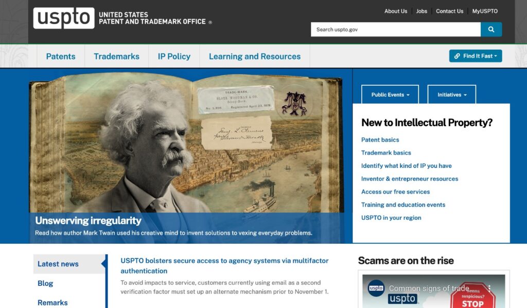Image of Mark Twain with patent documents on display, highlighting the USPTO's focus on innovation.