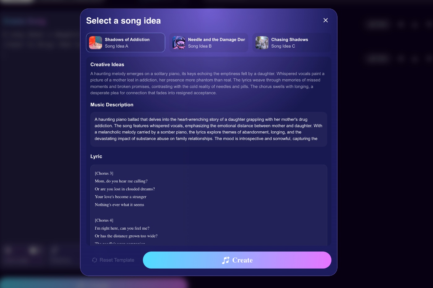 Mureka v7.5 displays options to select a song idea, highlighting creative concepts and lyrics.