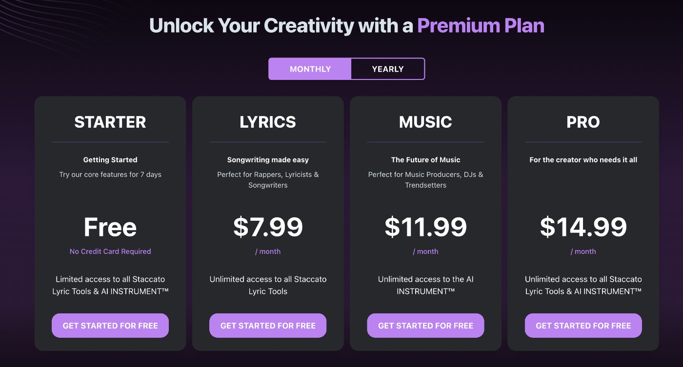 Staccato AI plugin pricing options display monthly and yearly plans for 2025.