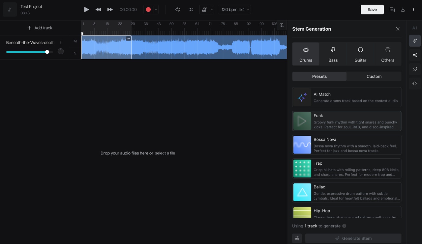 Moises AI studio displays stem generation tools for music editing.