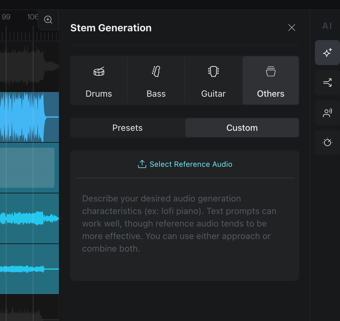 Moises AI studio features stem generation options for music editing.
