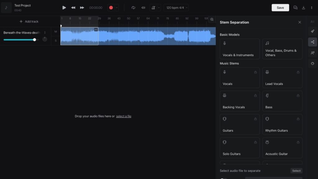 Stem separation options you can choose from in Moises AI studio