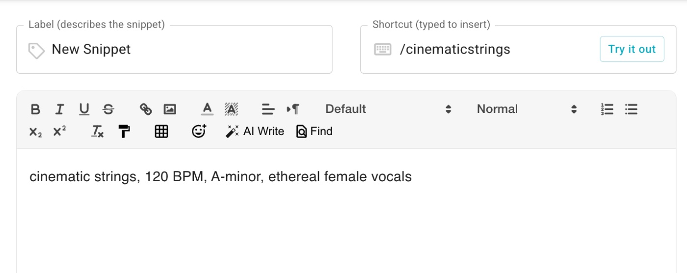 Textblaze snippet labeled "New Snippet" contains prompt for cinematic strings and vocals.