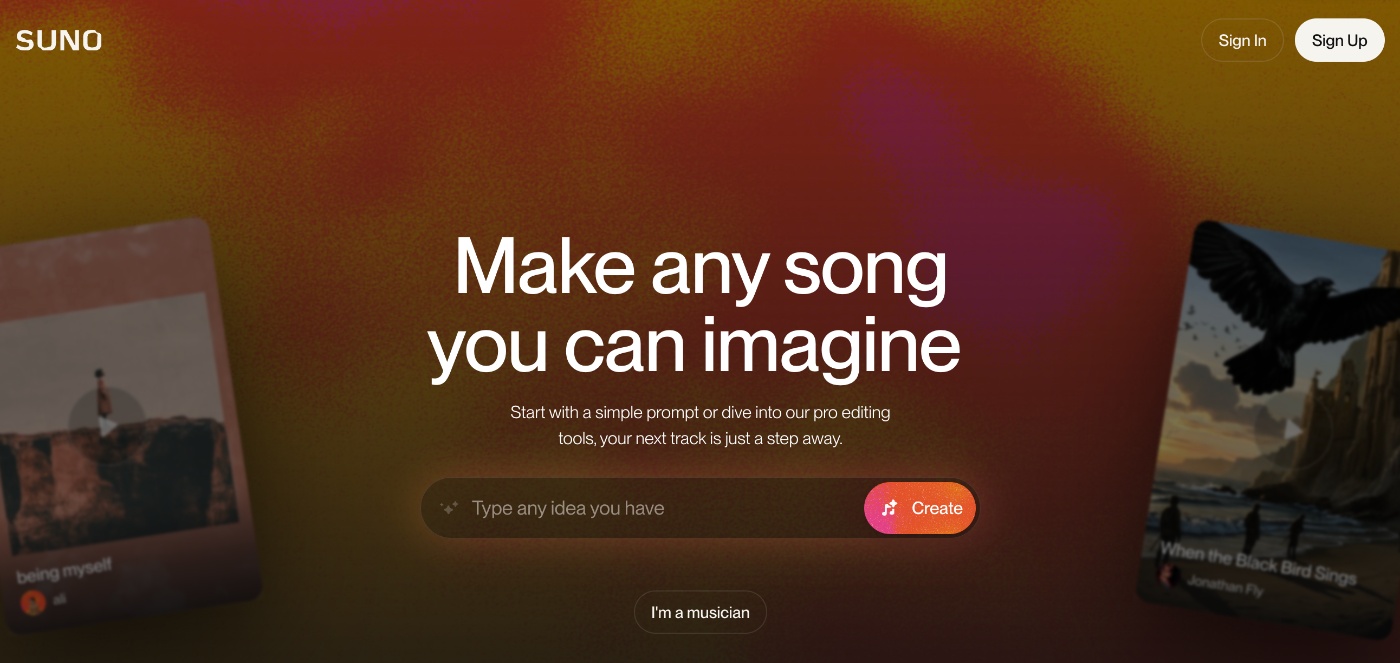 Suno AI song generator homepage invites users to create songs with simple prompts in 2025.
