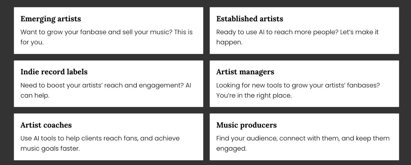 Grid of services for music industry professionals: emerging artists, indie labels, managers, producers.