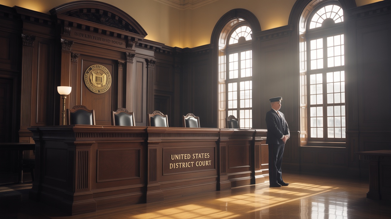 A guard stands in the United States District Court, highlighting the courtroom's formal setting.