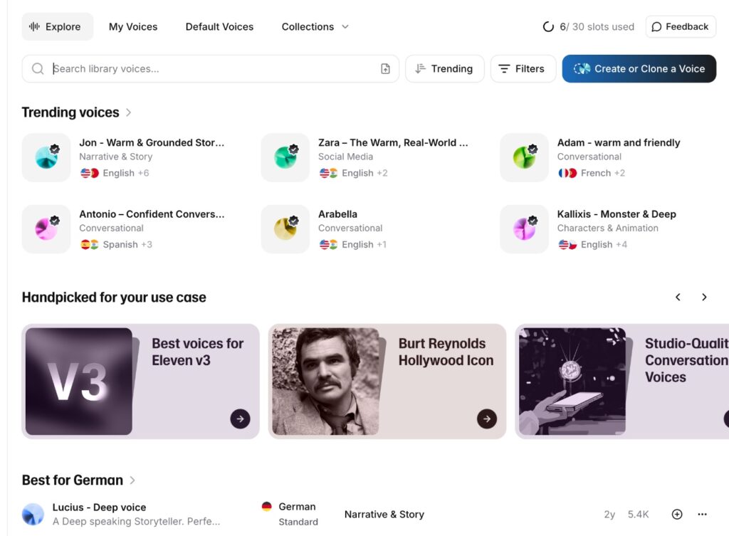 Users explore trending voices and collections in the ElevenLabs voice library 2025.