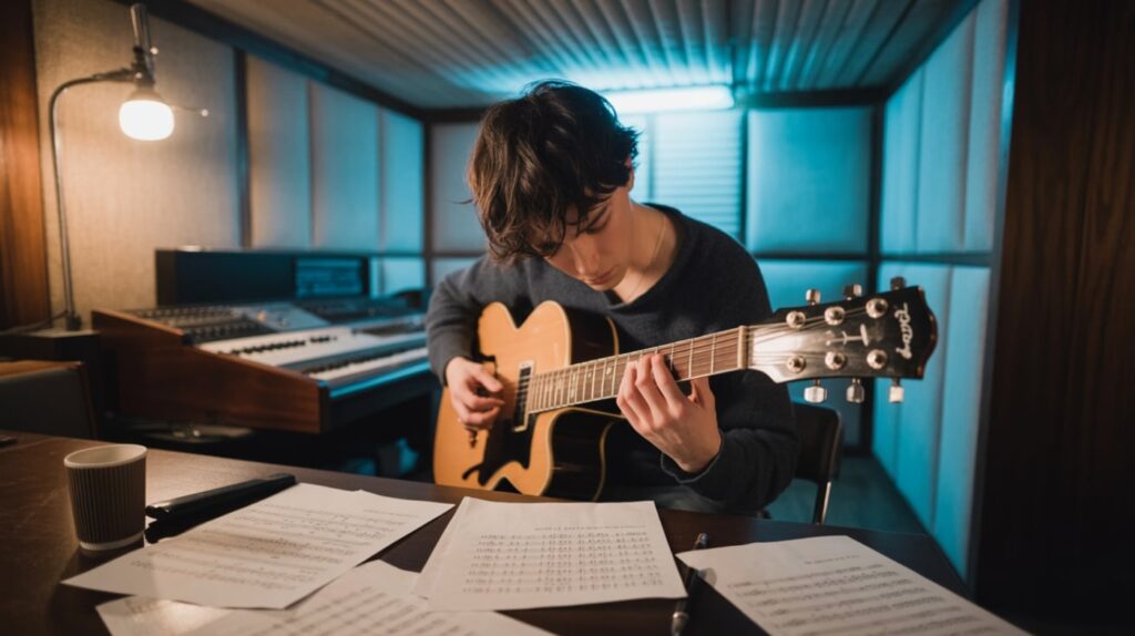 Young musician playing guitar in a studio, surrounded by sheet music and a keyboard in the background.