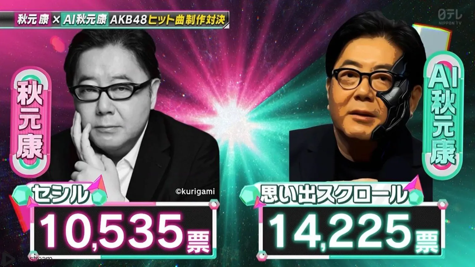 Yasushi Akimoto, legendary Japanese songwriter and AKB48 producer, in profile speaking into microphone on stage.