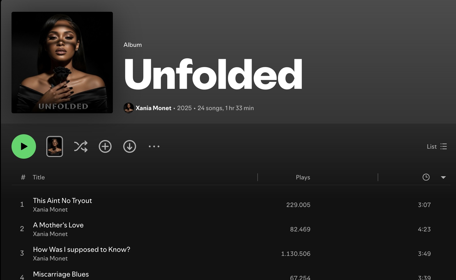 Spotify profile of AI artist Xania Monet, displaying her new album Unfolded and top R&B track listing.