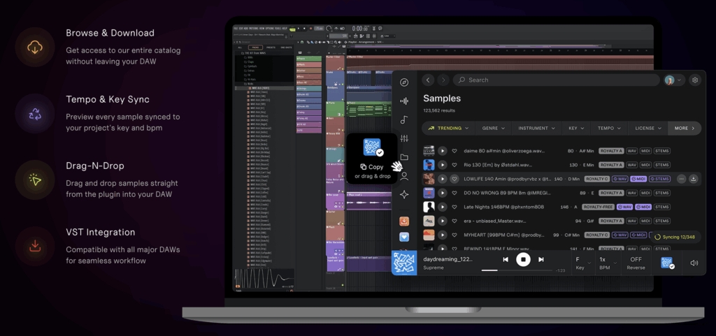 WAVS AI sample finder interface in a music production DAW, with features like browse, tempo/key sync, drag-n-drop, and VST integration visible.