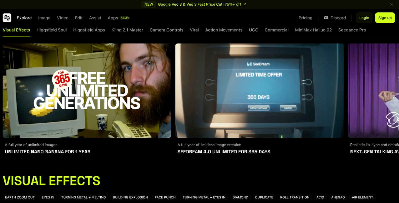 Higgsfield promotes its AI video platform with offers for unlimited video generations.