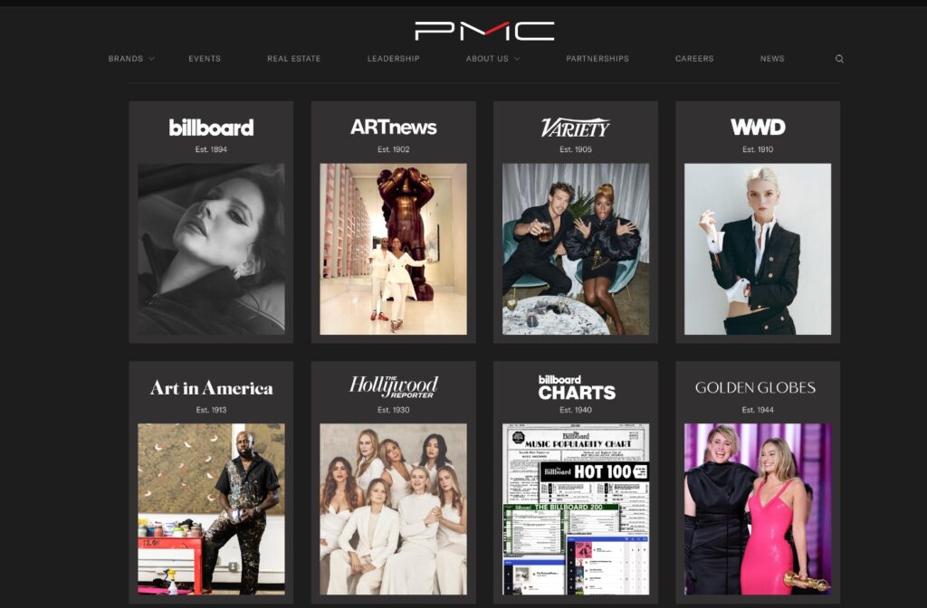 PMC showcases its portfolio, featuring prominent brands like Billboard and Variety.