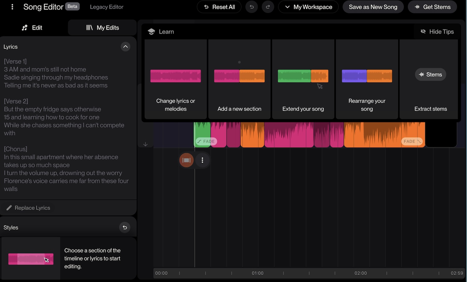 Suno's song editor modifies song lyrics and sections in a digital music editing workspace