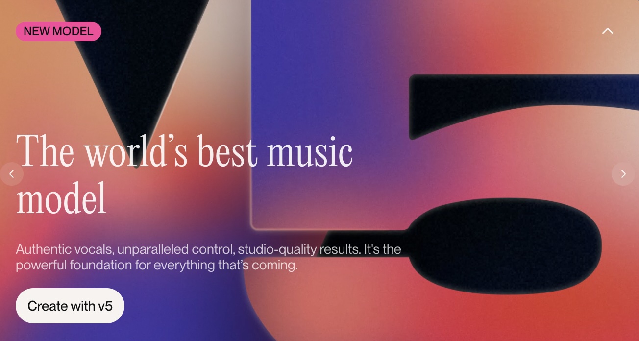 A text announcement highlights the new model of Suno as the best music model for studio-quality results