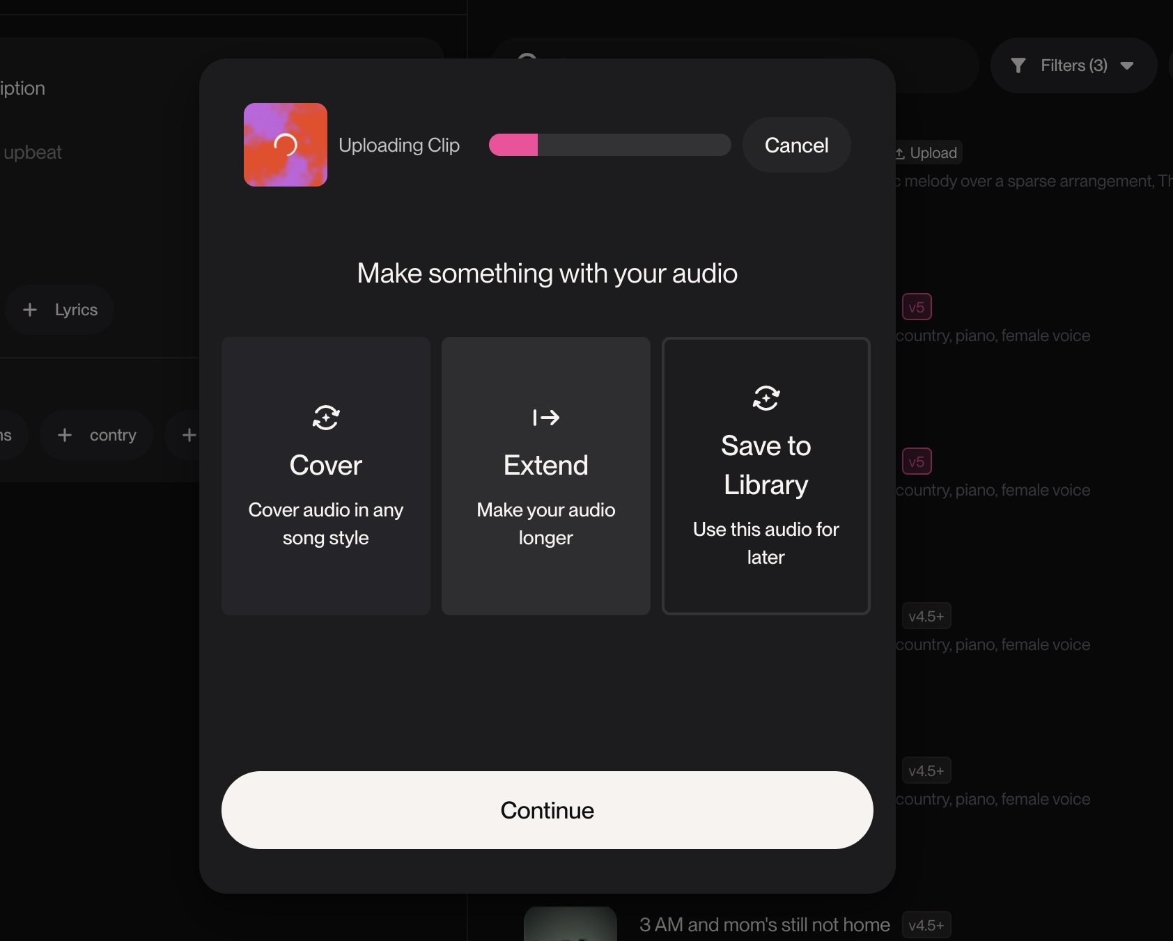 User uploads a stem in Suno to cover, extend, or save audio for future use.