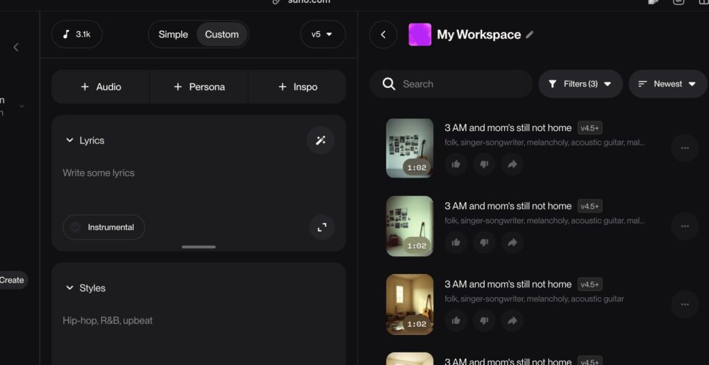 Suno Song Editor interface showing timeline, lyrics editor, and music editing options, dark mode.