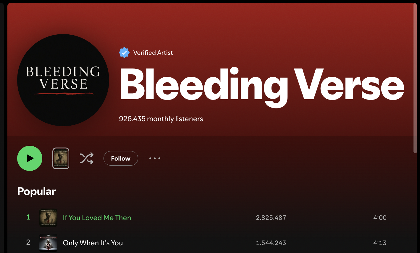Spotify screenshot showing Bleeding Verse band profile, 926K listeners, top songs and logo on red backdrop