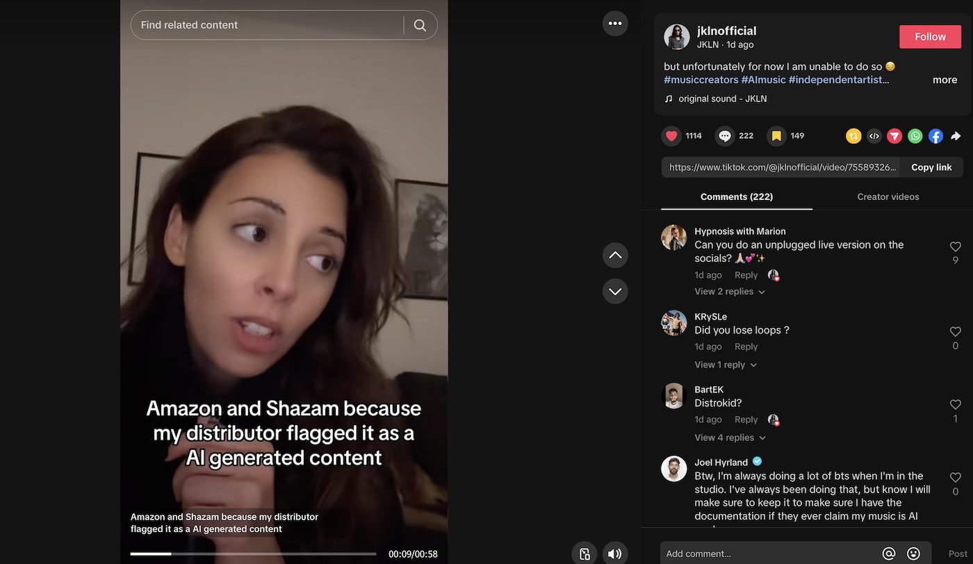 JKLN explains song removal due to faulty AI detection in TikTok video and comments.