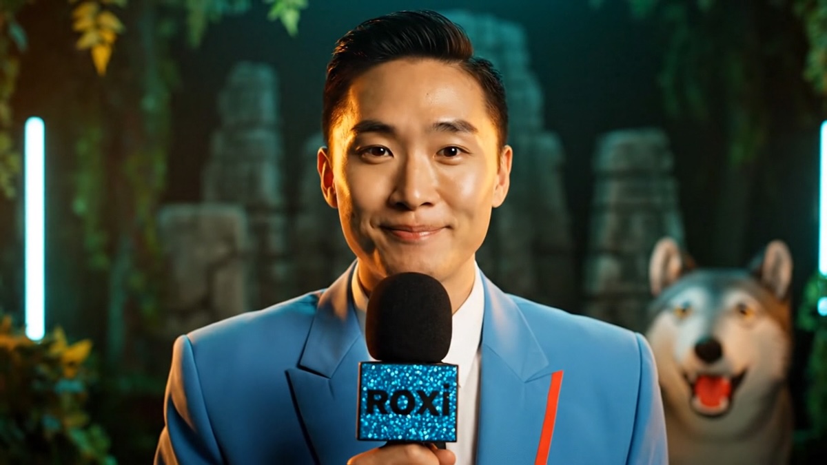 AI-generated TV presenters host ROXi interactive music TV channel with fun facts and trivia.