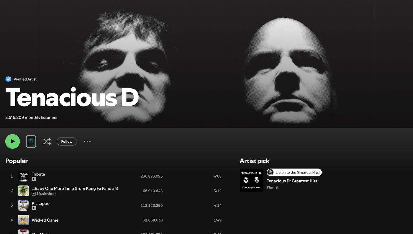 Spotify Tenacious D artist page showing 2.6 million monthly listeners with black-and-white close-ups of Jack Black and Kyle Gass and a popular tracks list including Tribute and Kickapoo