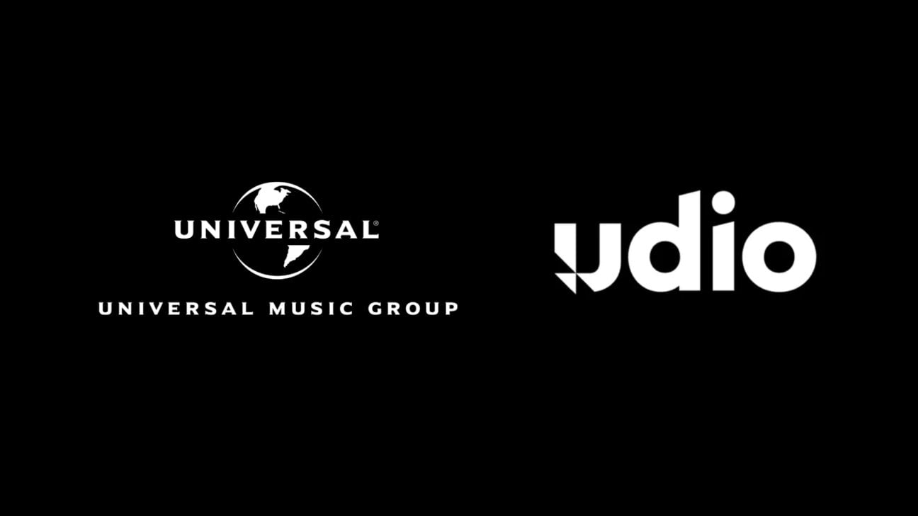 Popup shows Udio-Universal Music Group partnership, credits and download restriction notice.